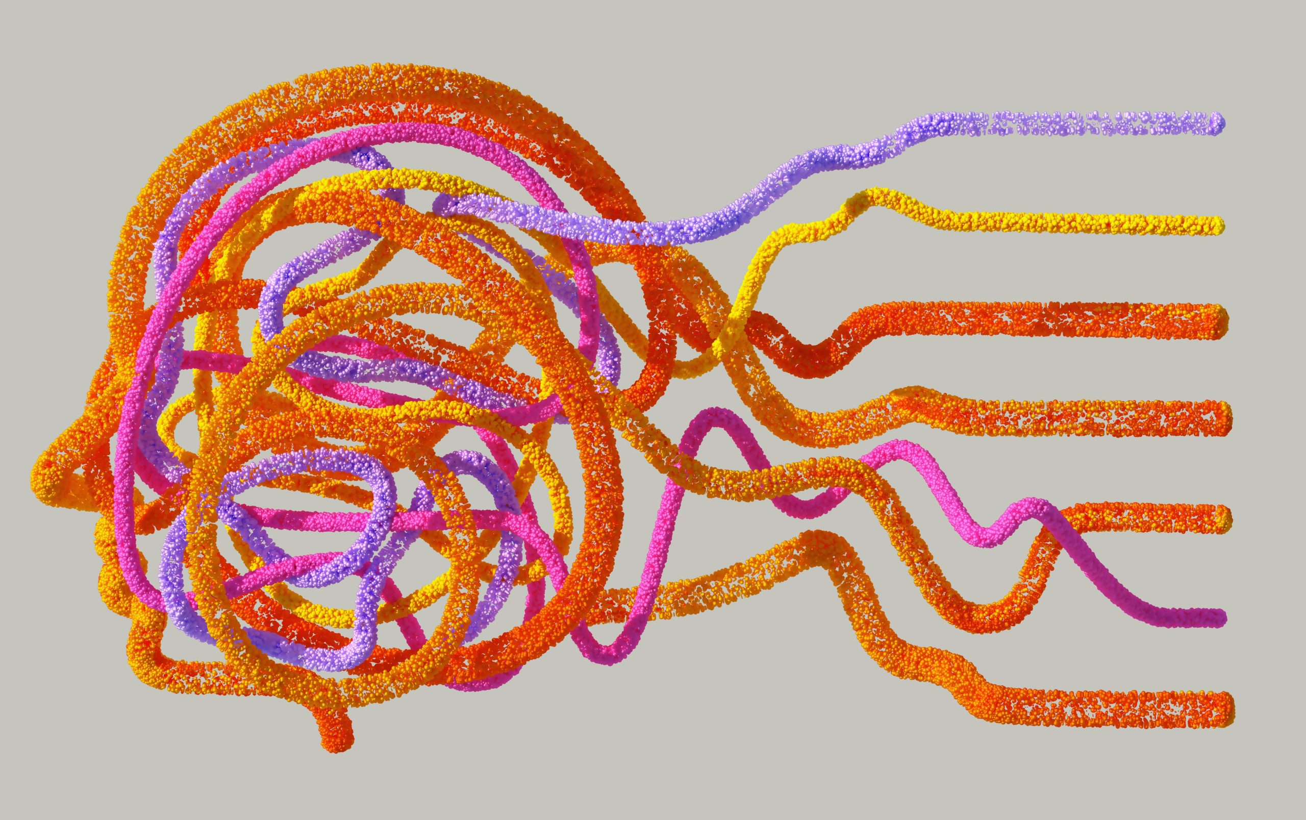 Colourful tangled lines forming abstract face profile.